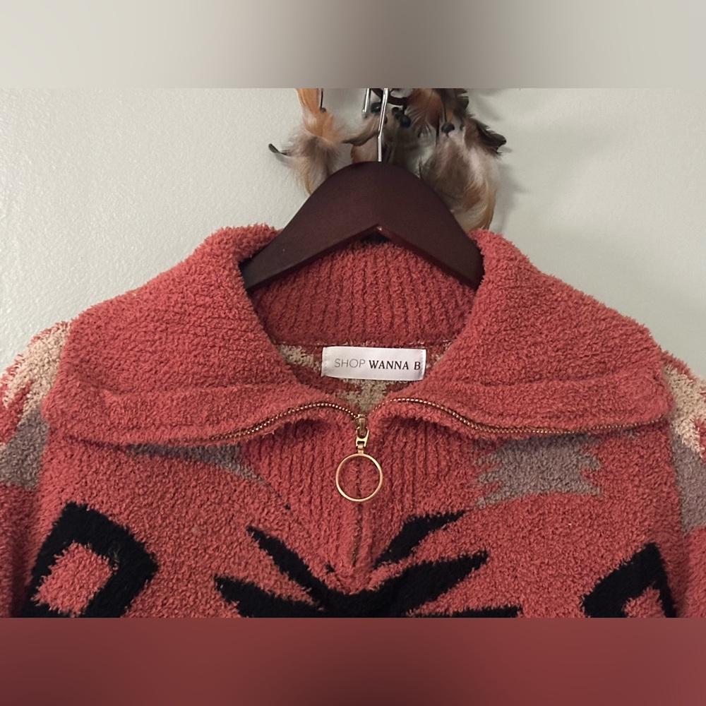 Wanna B Coral Aztec Mock Neck 3/4 Zip Pullover Sweater Women’s Size L Cozy Fall - Picture 7 of 12